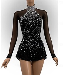 preiswerte -Eiskunstlaufkleid Damen Mädchen Eislaufkleid Schwarz Offener Rücken Asymmetrischer Saum Mesh Hohe Elastizität Training Wettkampf Eislaufbekleidung Klassisch Kristall/Strass Langarm Eiskunstlauf