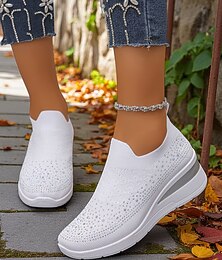 Недорогие -Женские розовые кроссовки Flyknit со стразами – дышащая легкая обувь на танкетке для прогулок, фитнеса и повседневной носки