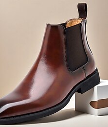 levne -Pánské leštěné hnědé chelsea boty z umělé kůže s elastickými bočními panely, klasické společenské boty pro kancelářské nošení, svatby a večerní akce