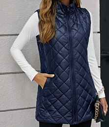 ieftine -Pentru femei Γιλέκο Cald Comfortabil Fermoar Buzunar Casual Simplu Ieșire Sfârșit de săptămână Fermoar Lung Răsfrânt Fit regulat Fără manșon Îmbrăcăminte exterioară Bleumarin Negru Maro Toamnă Iarnă