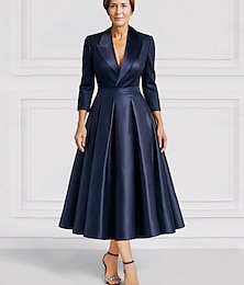 economico -abito da sposa elegante blu nero a trapezio in raso vintage con colletto a camicia, lunghezza tè, manica lunga, arricciato, tinta unita 2025