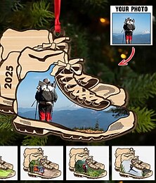 abordables -Décoration de Noël personnalisée avec photo, bottes de randonnée, idée cadeau de Noël personnalisée en bois pour les amateurs de camping, décoration d'arbre de Noël, pendentif suspendu