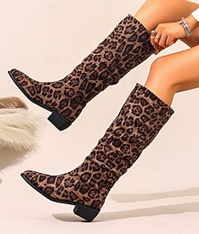 levne -Dámské kozačky s leopardím vzorem – špičatá špička s nízkým podpatkem, módní podzimní a zimní boty pro ležérní, streetwear a párty outfity