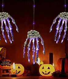 abordables -Lot de 3 lampes fantômes violettes à 20 LED alimentées par batterie, luminaire suspendu en forme de main de squelette d'Halloween pour chambre à coucher, fête ou espace intérieur, design en plastique