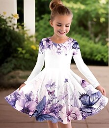 billiga -Flickor 3D Fjäril Blomma Klänning Långärmad Sommar Vår Semester Dagligen Helgdag Prinsessa Skön Ljuv Barn 4-12 år Vardagsklänning A linjeklänning Knälång Normal