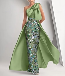 preiswerte -A-Linien Abendkleid Elegantes Kleid Formelle Hochzeitsballkleid bodenlang ärmellos ein Schulter Satin mit Schleife(n) Schlitz Stickerei