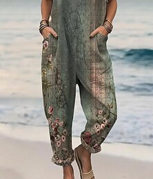 abordables -Femmes Salopette Actif Fleuri Sans manches Sans manches Sarouel Col carré Avec Poches avec poche Vacances Quotidien Coupe Ample Vert Véronèse Vert Beige Été