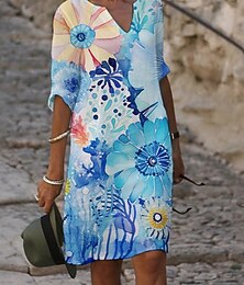 economico -Per donna Abito Midi Vestito Casual Abito Stampato Moda Moderno Quotidiano Spiaggia Weekend Vestibilità regolare Floreale Manica 3/4 Girocollo Rosso Blu Viola Fucsia Estate Primavera Autunno