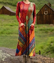 levne -Dámské Maxi šaty Tričkové šaty Na běžné nošení Denní Jdeme ven Běžný Grafika Geometrický Dlouhý rukáv Tričkový Rubínově červená Světle hnědá Oranžová Hnědá Léto Jaro Podzim