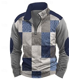 abordables -Hombre Geométrico Plaid Sudadera Casual retro de la vendimia Manga Larga Cuello Alto Exterior Ropa de calle Rojo Azul Piscina Cremallera Cremallera de un cuarto Otoño Invierno Diseñador