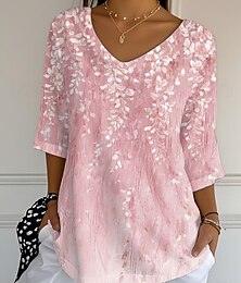 preiswerte -Bluse Damen Leinenartig Atmungsaktiv Leicht Floral Grafik Vintage Tropisch Stylisch 3/4-Länge Ärmel V-Ausschnitt Reguläre Oberteile Alltag Rosa Staubiges Rosa Lila Sommer Frühling Herbst
