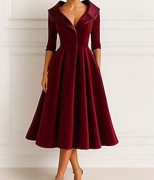 preiswerte -rot-schwarzes A-Linien-Kleid für die Mutter der Braut mit Portraitkragen, elegantes Vintage-Kleid in Teelänge, lange Ärmel aus Samt mit Rüschen, einfarbig 2025