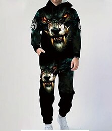economico -Per uomo Animale Lupo 2 pezzi Set di felpe 3D Tuta Felpa con Cappuccio Manica Lunga Pantaloni lunghi Con Cappuccio Casual Quotidiano Di tendenza Athleisure Stampa 3D Primavera Autunno Inverno Nero