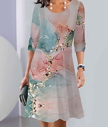 economico -Per donna Abito Midi Abito Floreale Abito Stampato Classico Moderno All'aperto Vacanza Ferie Vestibilità regolare Fiore Manica 3/4 Girocollo Rosa Blu marino Blu Fucsia Autunno