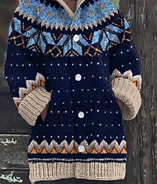 billiga -Dam Tröja Kofta Elegant Mode Streetwear Grafisk Randig Huva Ficka Stickat Mönster Långärmad Vanliga toppar Sticka Utomhus Dagligen Helgen Marinblå Blå Höst Vinter
