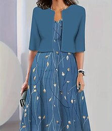 abordables -Femmes Robe Ensemble Robe trapèze Occasionnel Robes semi-formelles Fleuri Graphique Imprimé Robe Midi Demi Manches Col ras du cou Vacances Date Blanche Bleu Vert Été Printemps Coupe régulière
