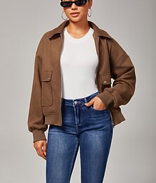 economico -giacca da donna in finta pelle scamosciata con cerniera, collo con revers, finiture a costine, chiusura con cerniera, tasche foderate, casual, elegante, per tutti i giorni, autunno