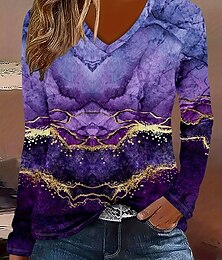 abordables -Femmes T-shirt Graphique Marbre ancien Élégant Classique manche longue Col en V Hauts Réguliers Quotidien Imprimé Violet Printemps Automne Hiver