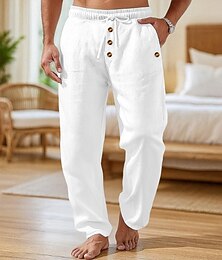 abordables -Homme Pantalons en Lin Pantalons Pantalon d'été Pantalons Amples Pantalons de Plage Cordon de serrage Taille Élastique Boutons Uni Confort Respirant Longueur complète Maison Occasionnel Quotidien