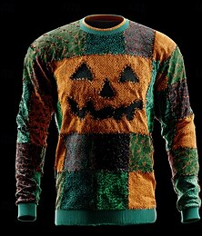preiswerte -Halloween Herren Farbblock Pullover Strickware Rundhalsausschnitt Lässig Urlaub Täglich Festival Patchwork 3D-Druck warm halten Langarm Frühling Herbst Winter Gelb Orange