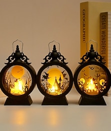 economico -1 pz lanterna a vento rotonda retrò di Halloween a forma di cavallo, castello, zucca, strega, candela elettronica, lampada a sospensione, luce decorativa da tavolo per interni/esterni, atmosfera