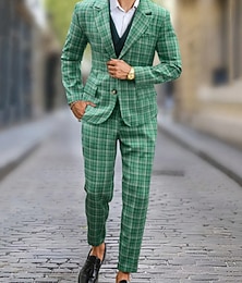 economico -Per uomo Blazer Set Affari Cocktail party Ricevimento di matrimonio 2 pezzi Moda Casual Primavera Autunno Poliestere Plaid Tasca Bottoni Confortevole Monopetto Giacca Verde