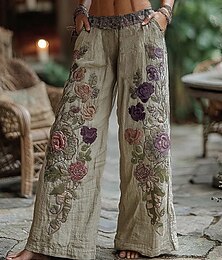 abordables -Femmes Jambe large Pantalons Pantalon palazzo ancien Boho Longueur complète Taille haute Fleur Taille Élastique Impression Respirabilité Confortable Rue Tenue quotidienne Sortir Blanche Printemps