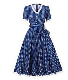 economico -Elegante Vintage Anni 1950 Midi Vestito Vestibilità aderente e svasata A Pois Scollo a V Costume Per donna Natale San Valentino Mascherata Feste Casuale Adulti Vestito Cintura Primavera & Estate