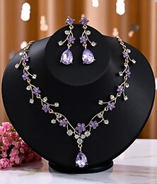 economico -collana e orecchini floreali da donna color oro con cristalli viola e trasparenti, gioielli eleganti per feste e occasioni speciali