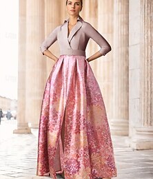 preiswerte -A-Linien Kleid der Brautmutter Abendkleid Elegantes Kleid Formelles Hochzeit Bodenlang Halbärmel Hemdkragen Satin mit Blumendruck Schlitz Hochzeitsgast Kleid
