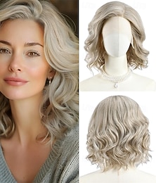 economico -parrucca da donna bionda argentata, ondulata, lunghezza spalle, capelli sintetici realistici, dall'aspetto naturale, resistente al calore, riga in mezzo, elegante, stile alla moda da indossare tutti i