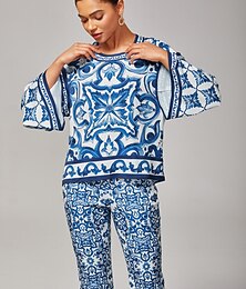 abordables -Femmes Féminin Chemise Décontractée Art abstrait Occasionnel Manche cloche Bleu Ciel Élégant Bohème Vacances Col ras du cou Été Printemps