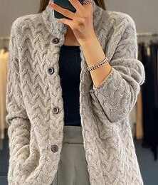 abordables -Femmes Pull Cardigan Élégant Mode Streetwear Couleur Unie Côtelé Col montant Avec Poches Boutons Tricoté manche longue Hauts Réguliers Tricoter Extérieur Quotidien Week-end Chameau Automne Hiver