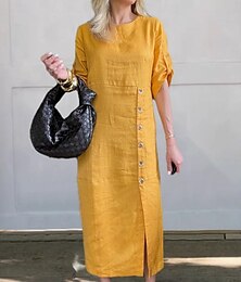 abordables -Femmes Robe Midi Robe Décontractée Robe en coton et lin Basique Moderne Quotidien Week-end Coupe régulière Uni Manche 3/4 Col ras du cou Noir Jaune Bleu Marron Été Printemps Automne