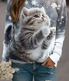 economico -Per donna Pullover Grafico Gatto Casual Manica Lunga Girocollo Top Regolari Casuale Blu Viola Cachi Grigio Autunno Inverno
