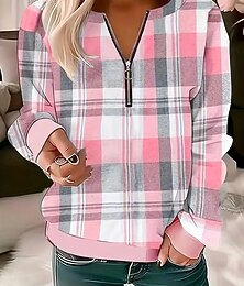 baratos -Mulheres Moletom Moletons com zíper Gráfico Geométrica Xadrez Moda Casual Manga Longa Gola Redonda Tops regulares Rua Dia a Dia Zíper Imprimir Rosa Azul Roxo Verde Cinzento Outono Inverno