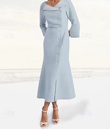 cheap -Blazer Dress A-Line Mother of the Bride Tuxedo Dress Elegant Vintage Simple V Neck Floor Length Satin Crepe 3/4 Length Flared Sleeve with Slits Covered Buttons