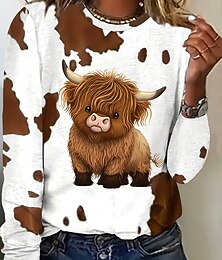 economico -Maglietta da Donna a Maniche Lunghe Grafica Animale Mucca Vintage Stile Casual a Maniche Lunghe Collo Rotondo Superiori Regolari Quotidiani Stampa Marrone Chiaro Primavera Autunno Pre-autunno