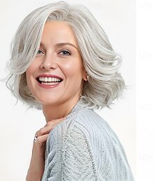 economico -parrucca corta ondulata grigio argento da donna – capelli sintetici resistenti al calore, caschetto a strati per cosplay, Halloween &moda di tutti i giorni
