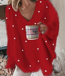 halpa -Naisten neulepusero, collegepaita, pörröinen, mukava t-paita, yksivärinen, joustinneule, rento, pitkähihainen, v-aukkoinen toppi, päivittäin, bile, viikonloppu, pitsi, ylisuuri, punainen, syksy/talvi