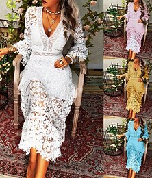 abordables -Femmes Robe Longue Maxi Robe Robe en Dentelle Robe Décontractée Robe d'été Mode Moderne Quotidien Plage Week-end Coupe régulière Uni manche longue Col en V Blanche Jaune Rose Claire Bleu Été Printemps