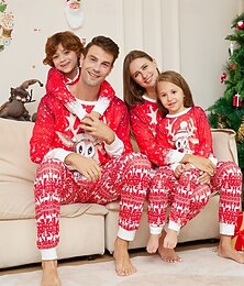 abordables -Mirada familiar Pijamas Patrón de navidad Hogar Estampado Rojo Manga Larga Activo Trajes a juego