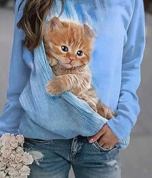 abordables -Mujer Sudadera Estampado Graphic Animal Gato Casual Manga Larga Cuello Barco Tops regulares Casual Calle Festivos Azul Piscina Rosa Morado Naranja Verde Trébol Primavera Otoño Invierno