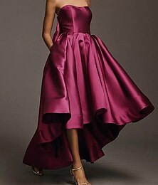 voordelige -A-lijn Over de knie Galajurken Elegant Mouwloos Strapless Formeel Bruiloft Satijn Stretchsatijn met Strik(ken) Zak