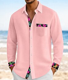 economico -Per uomo Camicia Camicia di lino Camicia Estiva Camicia da Spiaggia Tinta unica Vacanza Casuale Nero Bianco Rosa Blu Manica Lunga Bavero Estate Primavera Abbigliamento