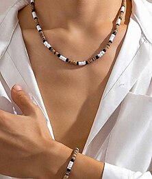 economico -set di collana e bracciale in perline in stile bohémien da uomo: gioielli con perline di legno bianche, nere e marroni per la spiaggia, abbigliamento casual e feste estive