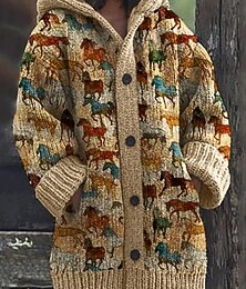abordables -Femmes Cardigan Vacances Quotidien Animal Côtelé À capuche Tricoté Imprimé Poche Avant manche longue Hauts Réguliers Tricoter Extérieur Quotidien Fête Jaune Rouge Automne Hiver