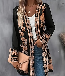 levne -Dámské Zimní kabát Trenčkot Lehká váha Pohodlné Tisk Otevřený vepředu Vinobraní Módní Na běžné nošení Květinový Dovolená Ležérní Dlouhé Bez límce Běžný Dlouhý rukáv Svrchní oděvy Bílá Žlutá Rubínov