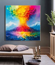 お買い得  -赤、黄、青のナイフの絵画、手作りの油絵、モダンな抽象画、キャンバスの壁アート装飾、富士山の火山噴火の風景、家の装飾用、フレームなし