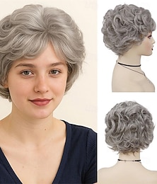 cheap -Synthetic Short Grey Curly Wigs for Senior Women Silver Grey Hair Layered Pixie Cut Hair Wig with Bangs Fluffy Wavy Wigs Old Lady Daily Granny Halloween Costume Party